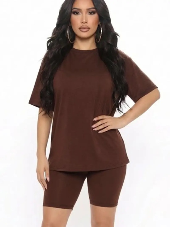 Capella Apparel Pants - Basic Short Sleeve Top & Biker Short Set — Chocolate Brown